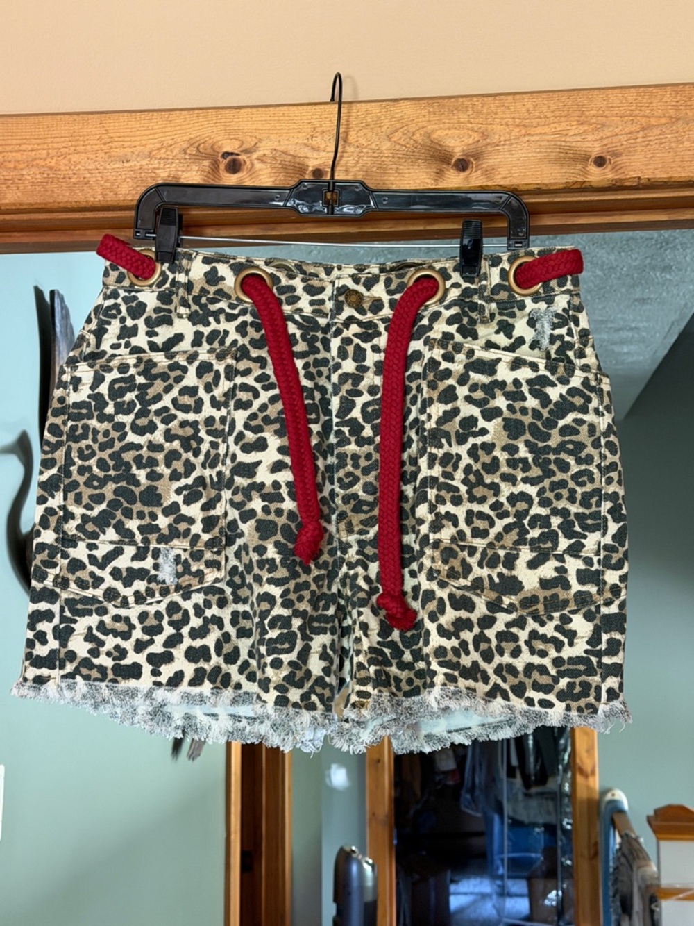 BIBI Leopard Print Denim Shorts with Grommets and Red Drawstring